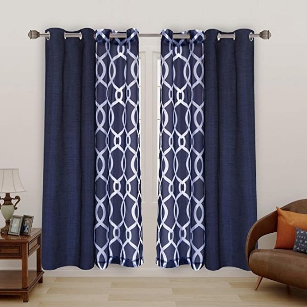 Mix and Match Curtain - 2 Pieces Moroccan Print Sheer Curtains and 2 Pieces Faux Dupioni Silk Curtains for Bedroom Living Room Grommet Window Curtains Set of 4 Panels (27x63/Panel, Navy)