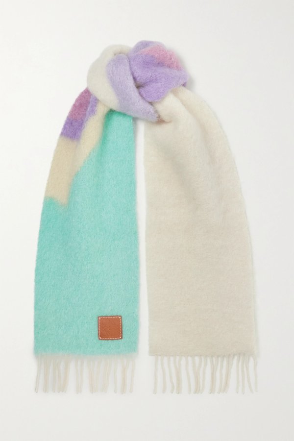 Fringed color-block mohair-blend scarf