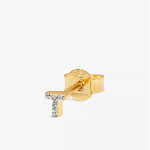 Initial M 18ct yellow gold-plated vermeil and cubic zirconia stud earrings