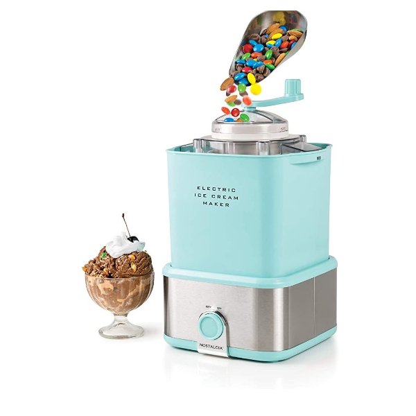 Nostalgia Electric Ice Cream Maker with Candy Crusher Makes 2-Quarts of Ice Cream, Frozen Yogurt or Sorbet in Minutes, Works with Candy Bars, Chocolate Chips, Nuts & More, Aqua