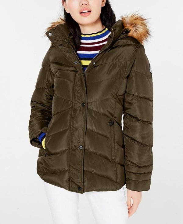 Madden Girl Juniors' Faux-Fur Trim Hooded Puffer Coat & Reviews - Coats - Women - Macy's