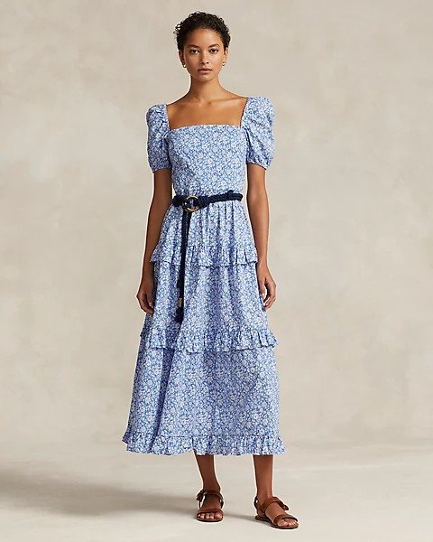 Tiered Floral Blouson-Sleeve Midi Dress