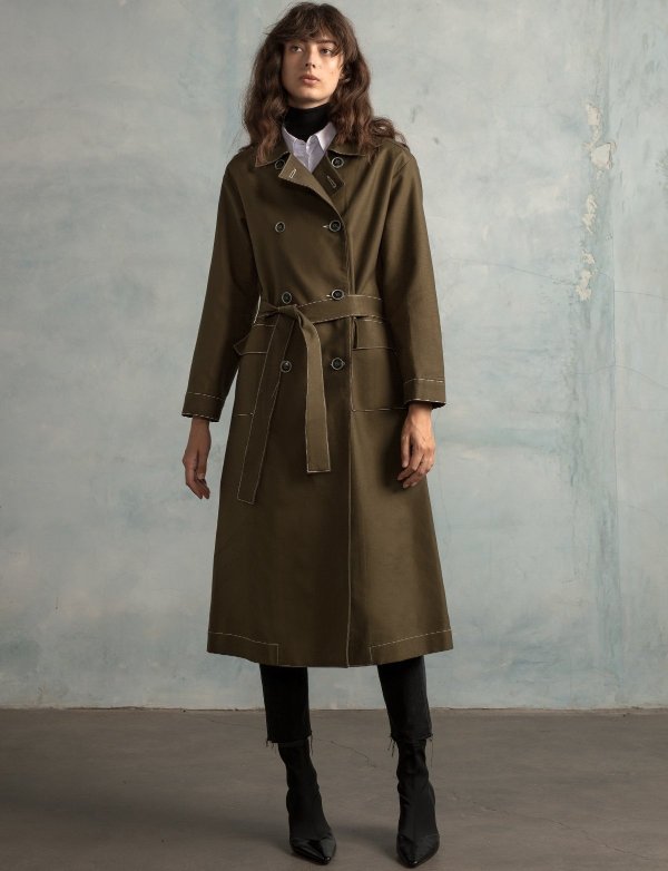 Olive Contrast Stitch Trench Coat