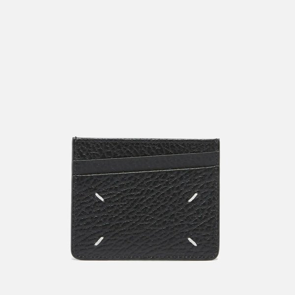 Men's Four-Stitch Pebble Leather Card Holder - Black