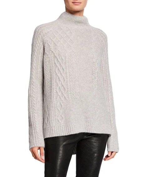 Cashmere Mock-Neck Oversized High-Low Cable Sweater