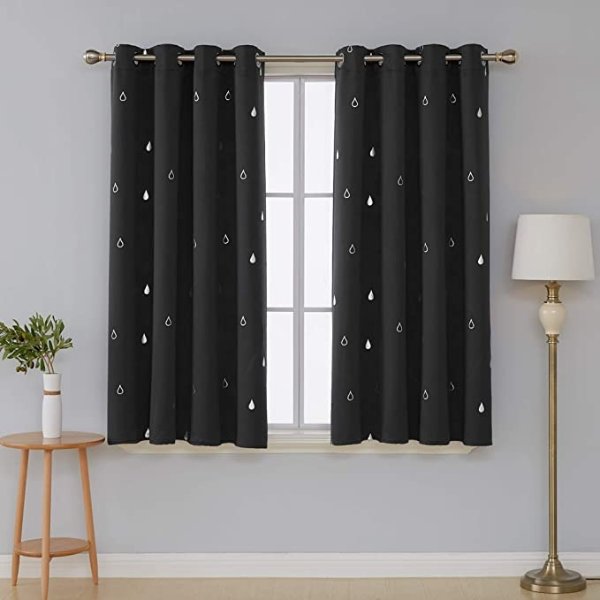 Raindrops Printed Blackout Curtains Thermal Insulated Grommet Curtains Light Blocking Curtains for Bedroom 52 W x 45 L Black 2 Panels
