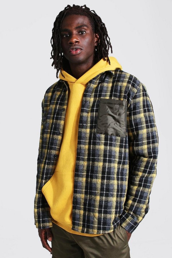 Quilted Check And Nylon Mix Overshirt | boohooMAN