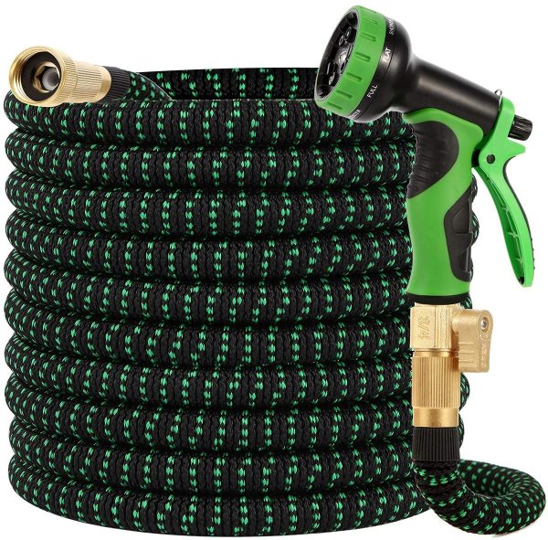 Buheco Garden Hose 100ft-Water hose with 9 Function Spray Nozzle and Durable 3/4 inch Solid Brass
