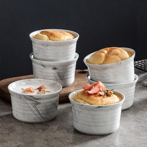 Ramekins 10 oz Oven Safe, MALACASA Creme Brulee Ramekins Set of 6, Porcelain Ramekin Bowls Ceramic Souffle Dish for Baking, Pudding, Cupcake, Dip Sauce, Marble Gray