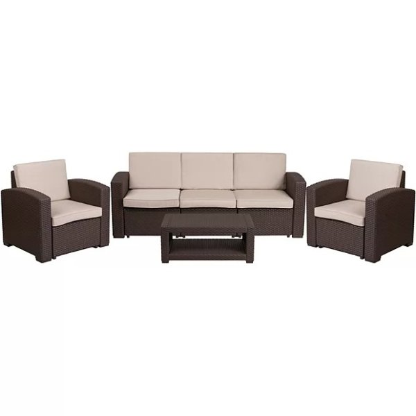 Faux Rattan Outdoor Chair, Couch, and Coffee Table 4-piece Set