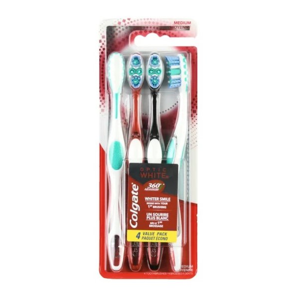 360 Advanced Optic White Whitening Manual Toothbrush with Tongue and Cheek Cleaner, Medium, 4 Ct