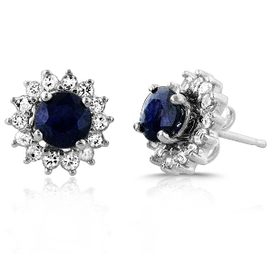 1.00ct TW Genuine Blue Sapphire Stud Earrings with White Sapphire Jackets in Sterling Silver