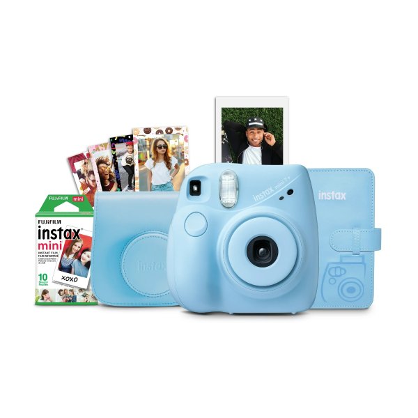 INSTAX Mini 7+ Bundle (10-Pack film, Album, Camera Case, Stickers), Light Blue