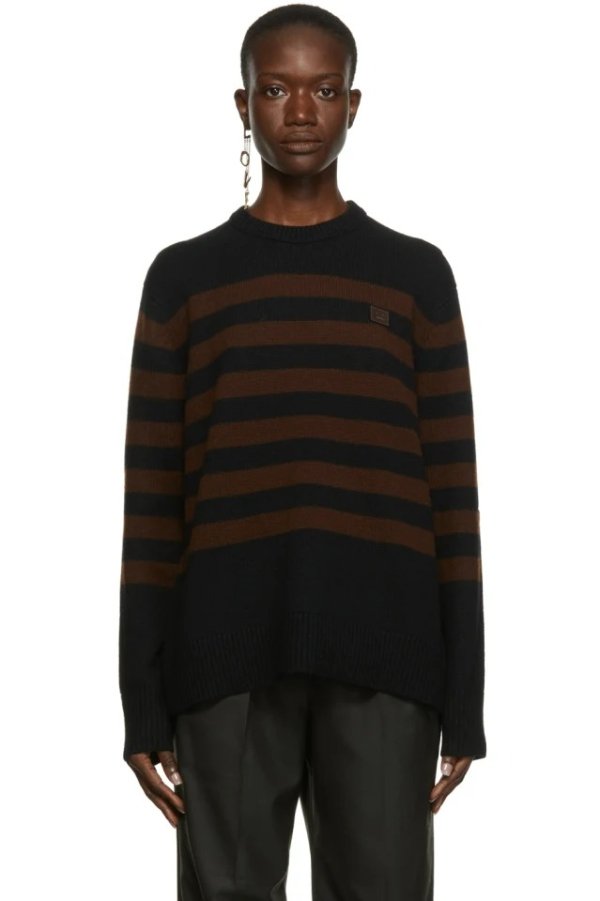 Black & Brown Wool Striped Patch Sweater