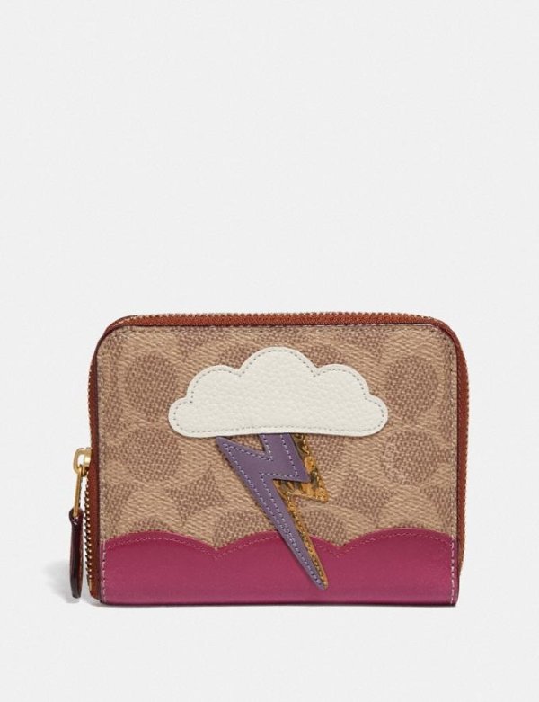 Small Zip Around Wallet in Signature Canvas With Lightning Cloud Applique and Snakeskin Detail