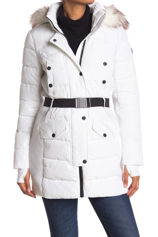 Belted Faux Fur Hood Quilted Jacket