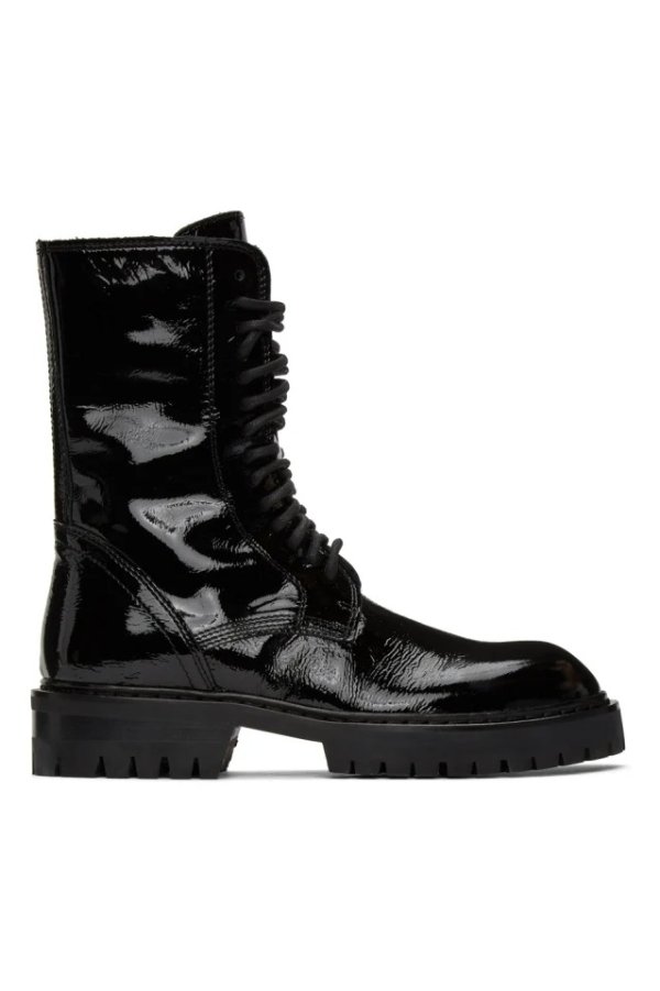 Black Vernice Crinkle Lace-Up Boots