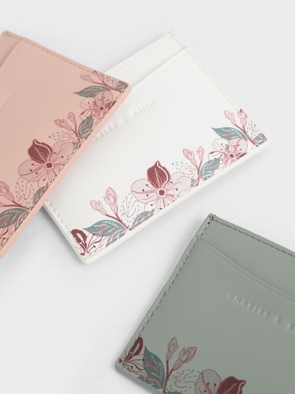 White Floral Print Card Holder