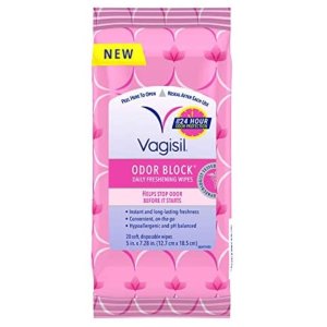 Vagisil Odor Block Daily Freshening Feminine Intimate Wipes for Women, Gynecologist Tested, 20 Wipes in a Resealable Pouch