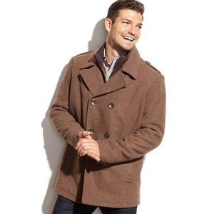 Kenneth Cole New York Men's Classic Double-Breasted Pea Coat with Front-Zip Bib