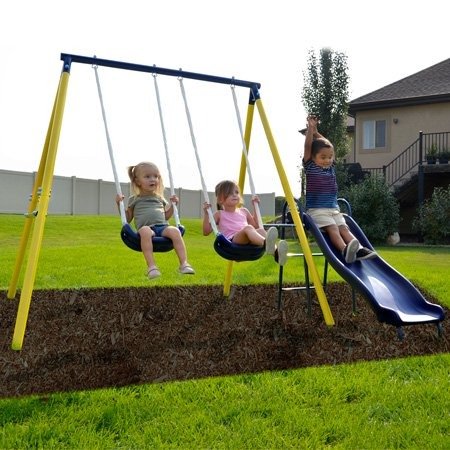 Power Play Time Metal Swing Set with 5ft Heavy Duty Slide and Two Swings