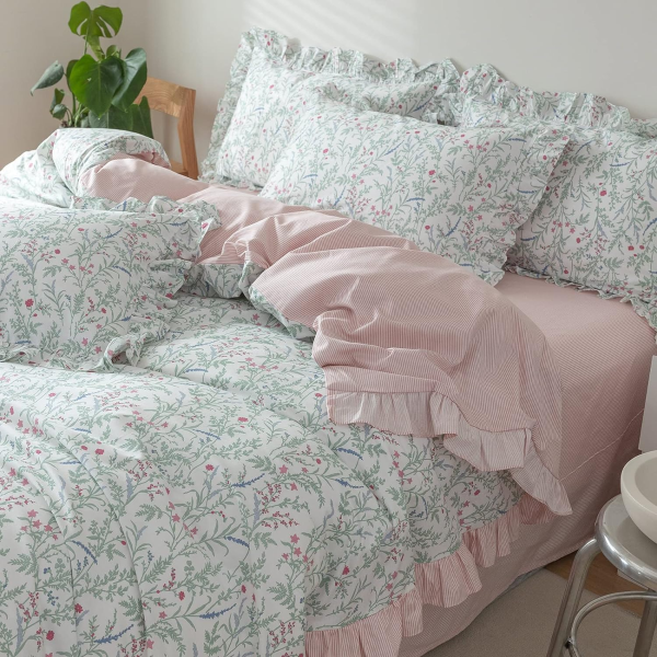 Ruffle Duvet Cover King Size for Girls Teen Soft Cozy Green Pink Kawaii Bedding Sets, Floral