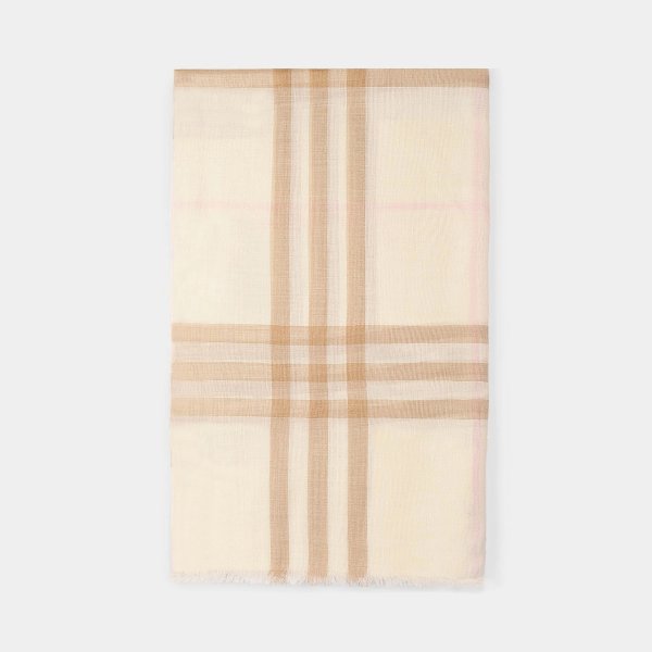 Giant Check Gauze Scarf in White and Alabaster Wool and Silk