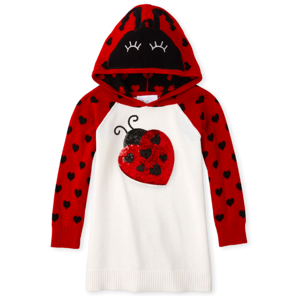 Baby And Toddler Girls TINY COLLECTIONS Long Sleeve Glitter Graphic Knit Hooded Sweater Dress - Little Love Bug