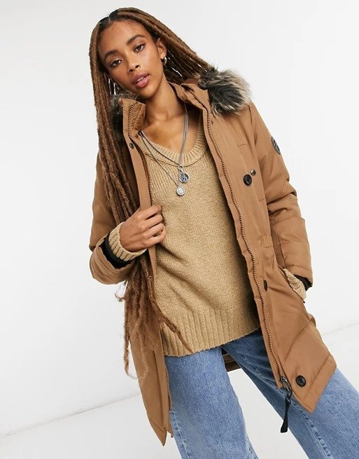 parka coat with faux fur hood in brown 