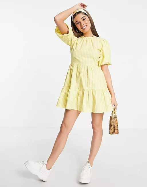 puff sleeve tiered mini dress with open back in yellow