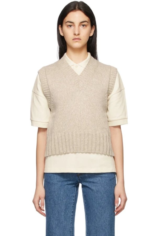 Beige Sleeveless V-Neck Sweater