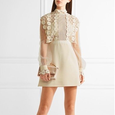 Guipure lace, crepe and tulle mini dress