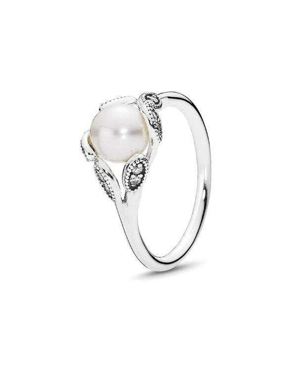 Silver Pearl CZ Luminous Leaves Ring