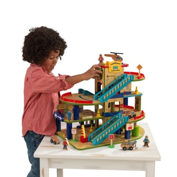 Wash N Go Wooden Car Garage Playset with 19-Piece Accessory Set and Moving Elevator