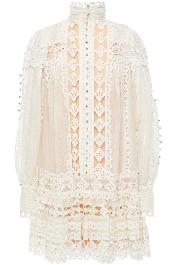 Moncur studded broderie anglaise cotton and gauze mini dress