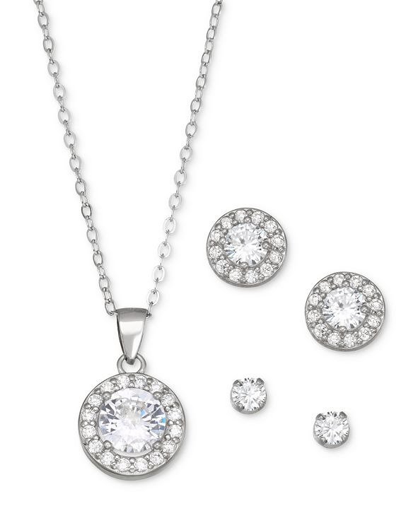 Cubic Zirconia 3-Pc. Set Pendant Necklace & Stud Earrings in Sterling Silver, Created for Macy's