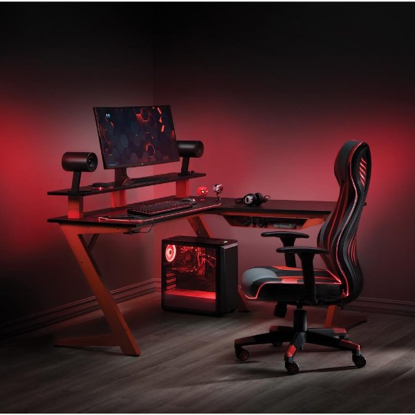 Avatar Battlestation L/Shape Gaming Desk with Carbon Top and Matte Red Legs KD