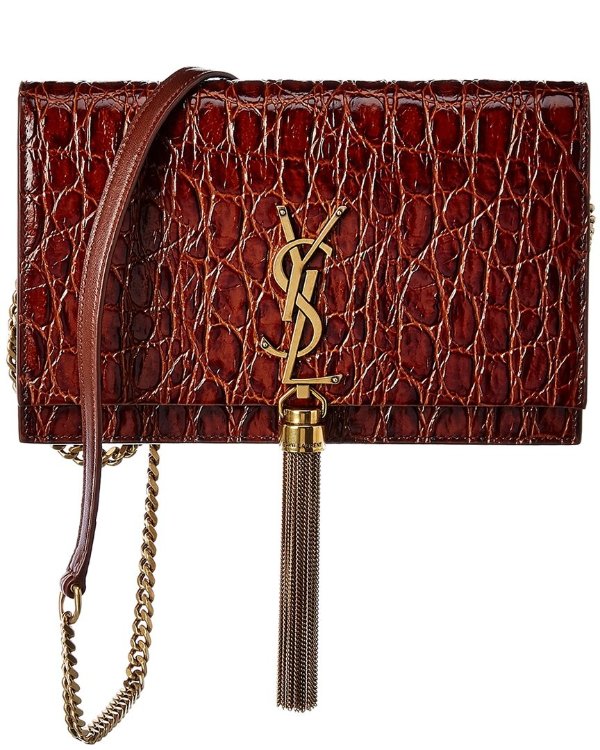 Small Kate Tassel Croc-Embossed Leather Wallet On Chain