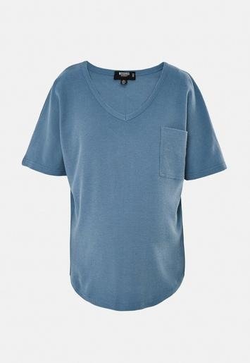Blue Waffle Textured Maternity Pocket T Shirt
