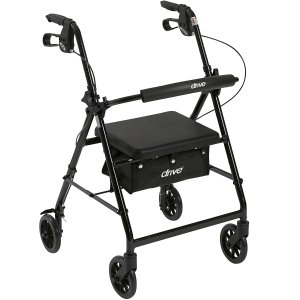 Drive Medical Aluminum Rollator Walker Fold Up and Removable Back Support, Padded Seat, 6" Wheels, Black