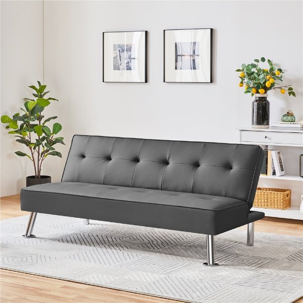 Convertible Faux Leather Futon Sofa Bed, Gray