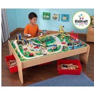 KidKraft Wooden Train Table with 3 Bins and 120-Piece Waterfall Mountain Train Set