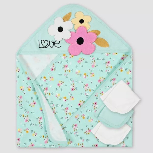 Baby Girls&#39; 4pc Fox Bath Towel and Washcloth Set - Blue