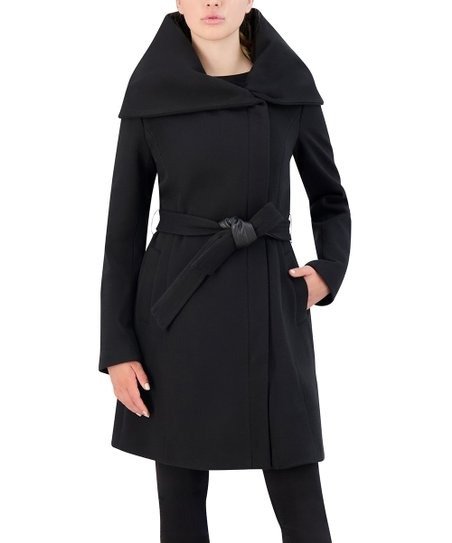 | Black Tie-Waist Shawl Collar Coat - Women