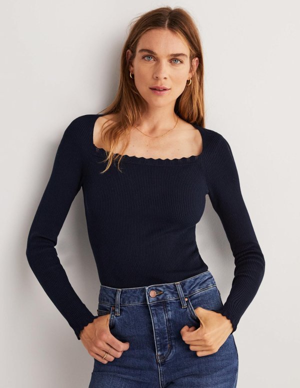 Ribbed Square Neck Knitted Top - Navy | Boden US