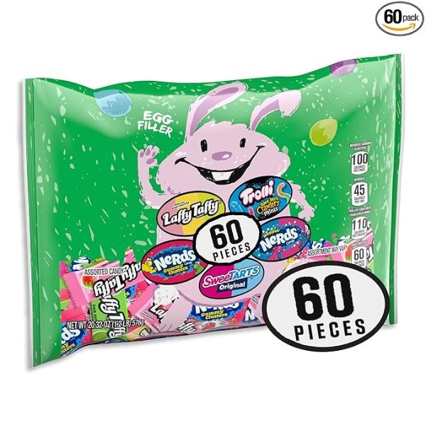 , Trolli, Laffy Taffy & Nerds Easter Egg Filler Variety Bag, Springtime Easter Candy, 20.32 Ounce (60 individually wrapped pieces)