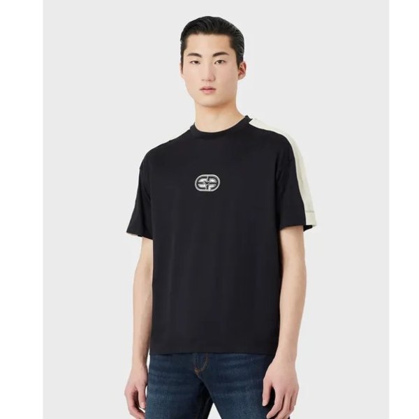 Tencel-blend jersey T-shirt with EA patch and stripes WELCOME BACK TO ARMANI.COM .xg-st0 { fill: none; stroke: #d4d4d4; stroke-width: 14; stroke-linecap: round; stroke-linejoin: round; stroke-miterlimit: 23.1428; }