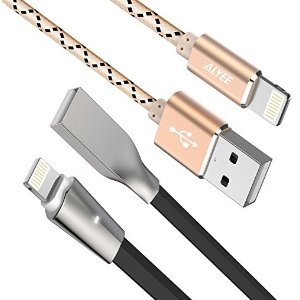 Alyee iPhone Charger, 6FT w LED Light [2Pack] Flat Lightning Cable and Nylon Braided iPhone Charging USB Cord for iPhone 7/7 Plus/6s/6s Plus/6/6 Plus/5/5S/5C/SE/iPad Air/Mini and iPod (Gold & Black)