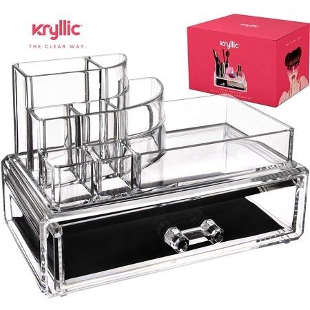 Acrylic Countertop Storage Makeup Organizer - Womens Nail polish make up brushes lipstick cosmetic brush jewelry holder with spacious bottom drawer counter display container for any vanity great gift!