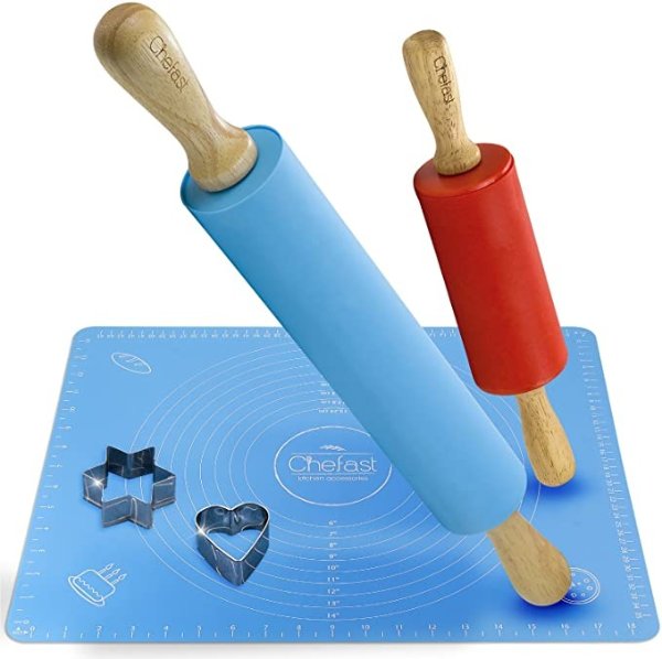 Rolling Pin and Pastry Mat Set - Large and Small Non-Stick Silicone Dough Rollers, Non-Slip Baking Sheets with Measurements, and Cookie Cutters